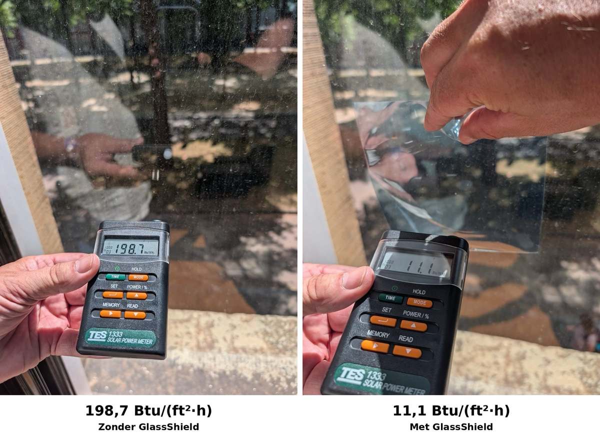Twee metingen met een stralingsmeter achter het glas: 198,7 zonder GlassShield en 11,1 met GlassShield
