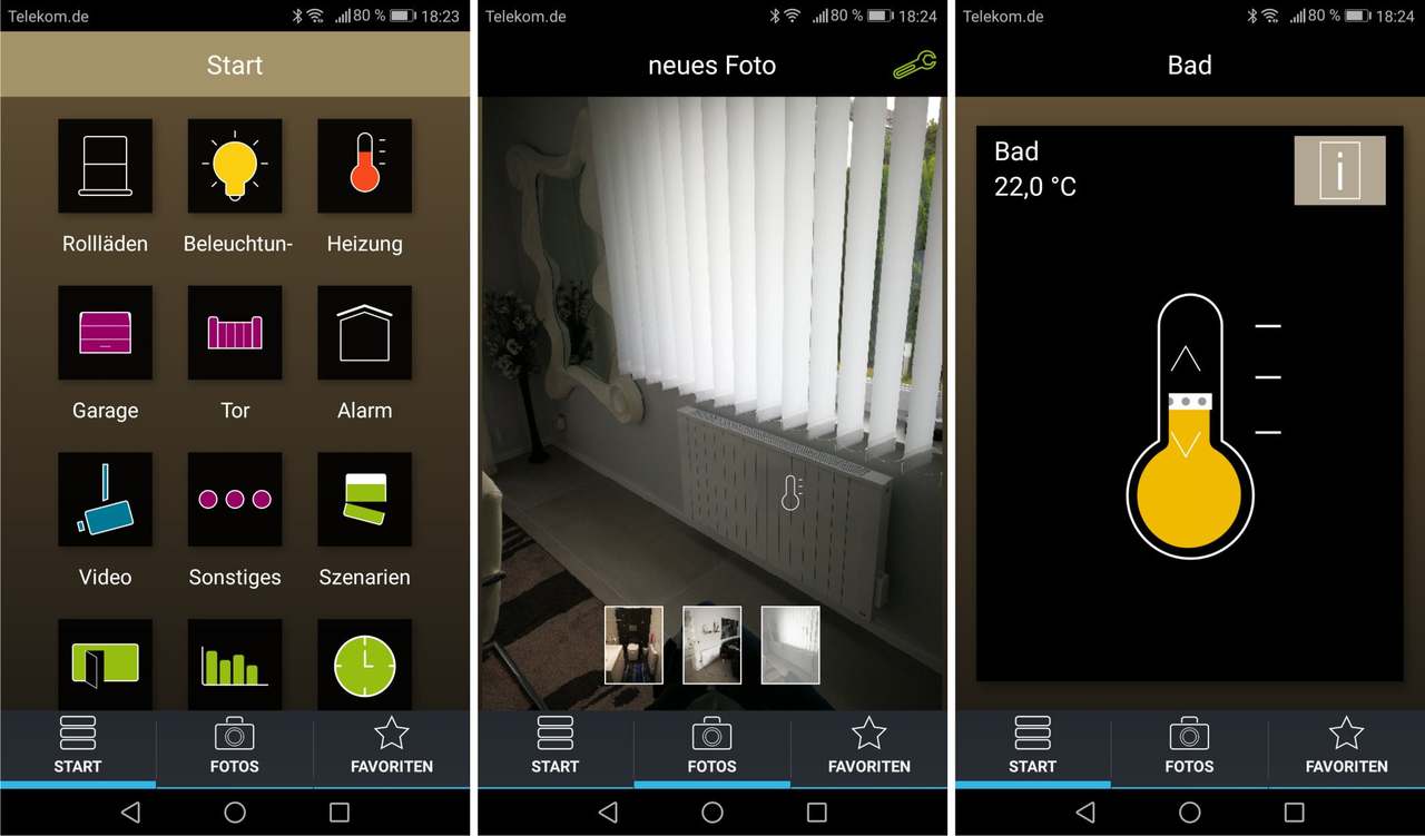 Drie schermen van de Jawotherm Home app: startscherm, camerabeeld en temperatuurinstelling