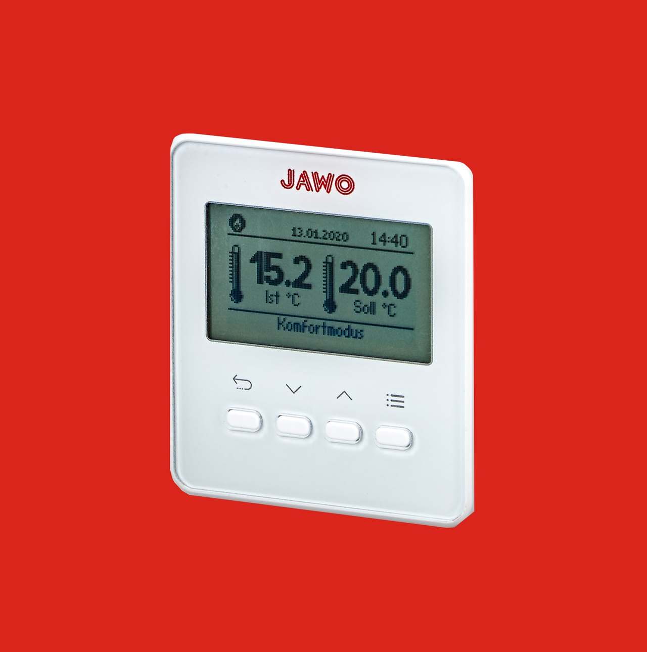 Jawotherm LCD thermostaat met programmering, tegen een rode achtergrond