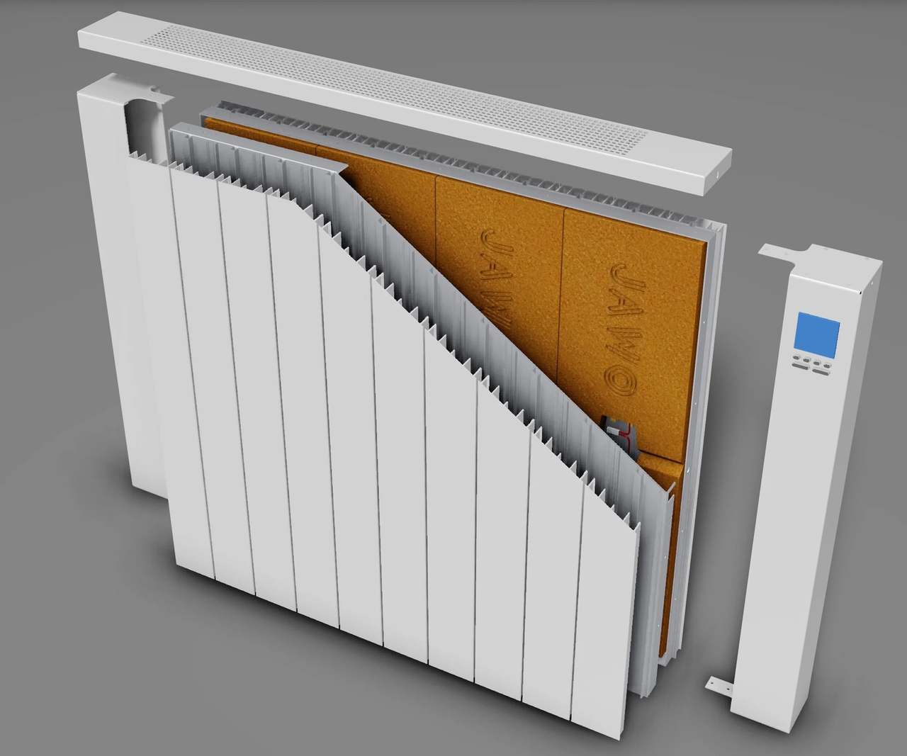 Opengewerkte Jawotherm radiator met de Koalit kern van speksteen zichtbaar achter de lamellen