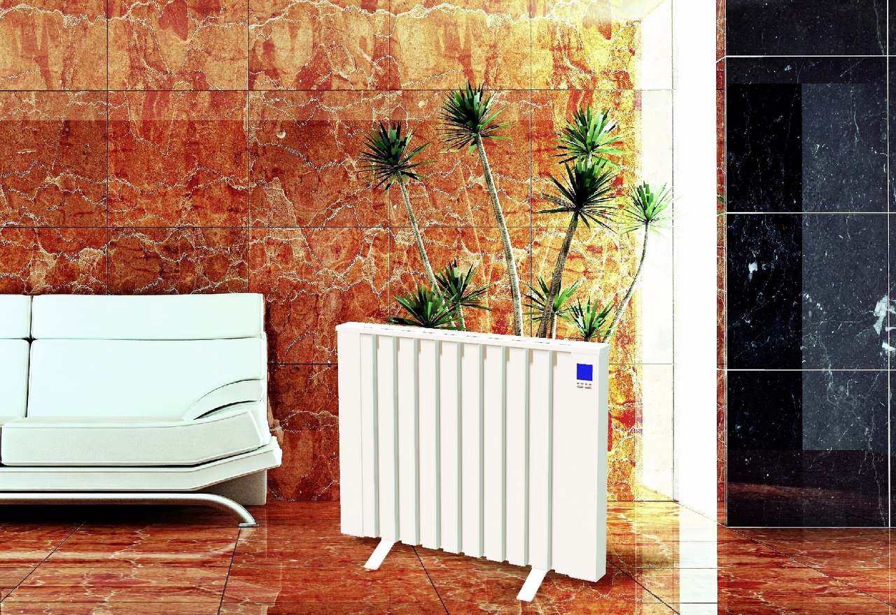 Witte Jawotherm Lamina radiator op pootjes voor een natuurstenen wand