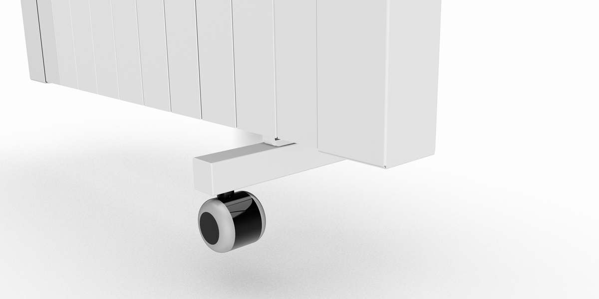 Onderkant van een Jawotherm radiator met rolwieltje van de mobiele set