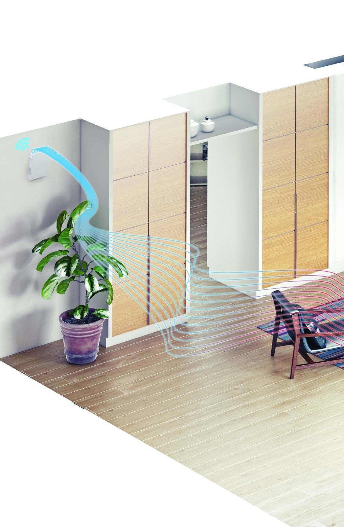 Tekening van een kamer met een SIKUSPHERE unit aan de buitenmuur: verse lucht stroomt langs de plant de kamer in
